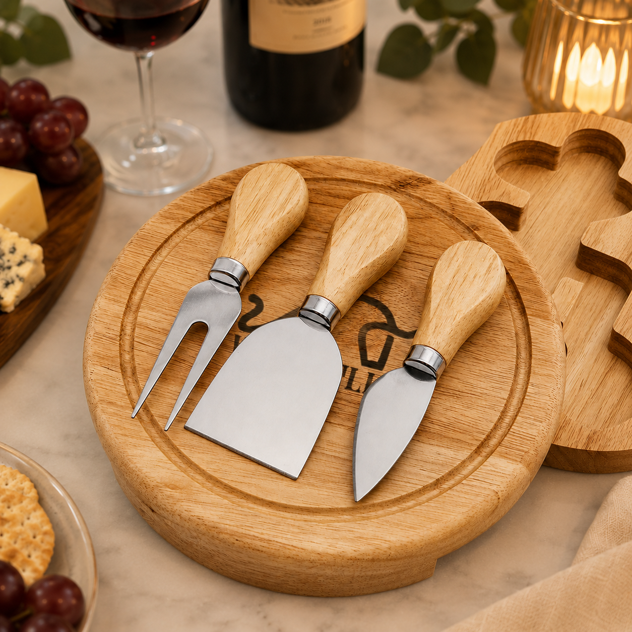 Kit Queijo 3 Peças | Suporte em Madeira e Aço Inox para Degustação