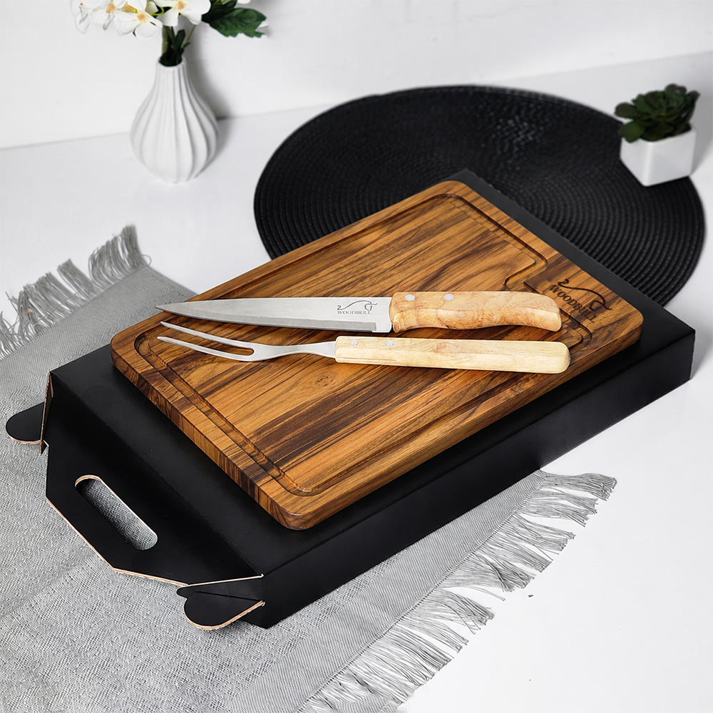 Kit para Churrasco em Madeira Teca com 3 Peças | Presente Gourmet