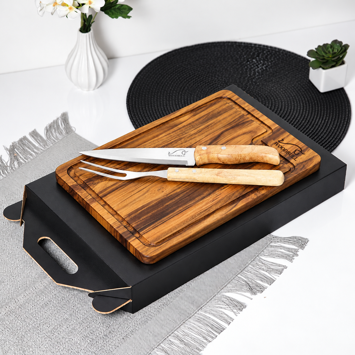 Kit para Churrasco em Madeira Teca com 3 Peças | Presente Gourmet