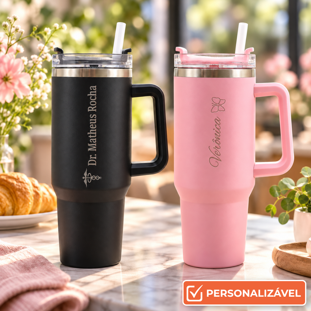Copo Térmico Inox 1200ml com Alça, Tampa e Canudo | Bebidas Quentes e Frias