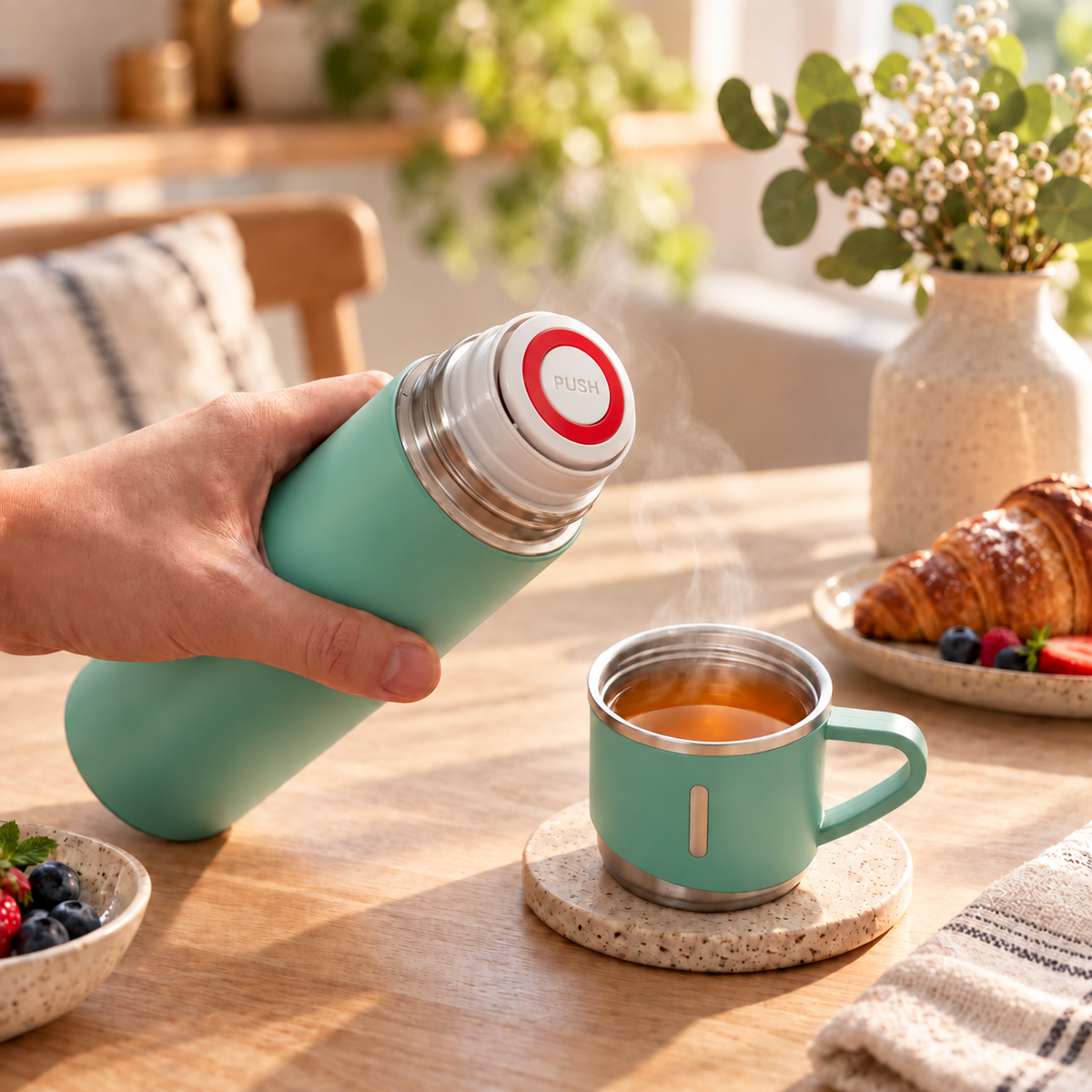 Kit Garrafa Térmica Inox com 3 Xícaras | Para Café e Bebidas Quentes ou Geladas 500ml