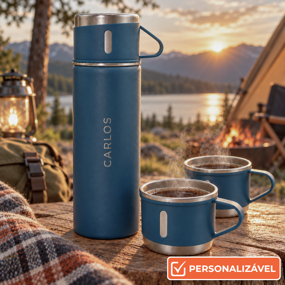 Kit Garrafa Térmica Inox com 3 Xícaras | Para Café e Bebidas Quentes ou Geladas 500ml