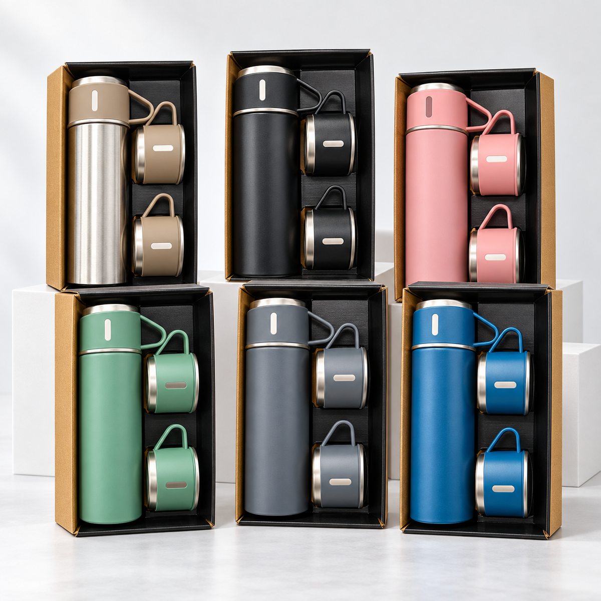 Kit Garrafa Térmica Inox com 3 Xícaras | Para Café e Bebidas Quentes ou Geladas 500ml