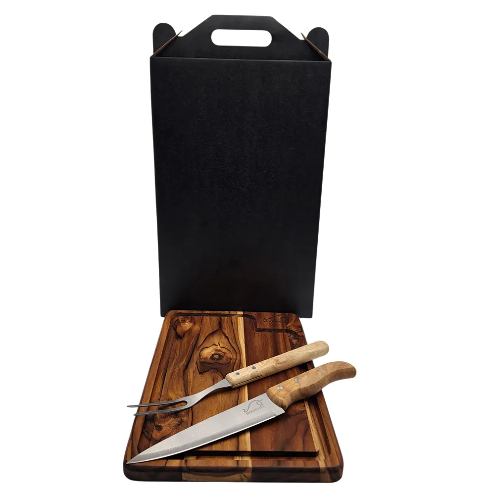 Kit para Churrasco em Madeira Teca com 3 Peças | Presente Gourmet