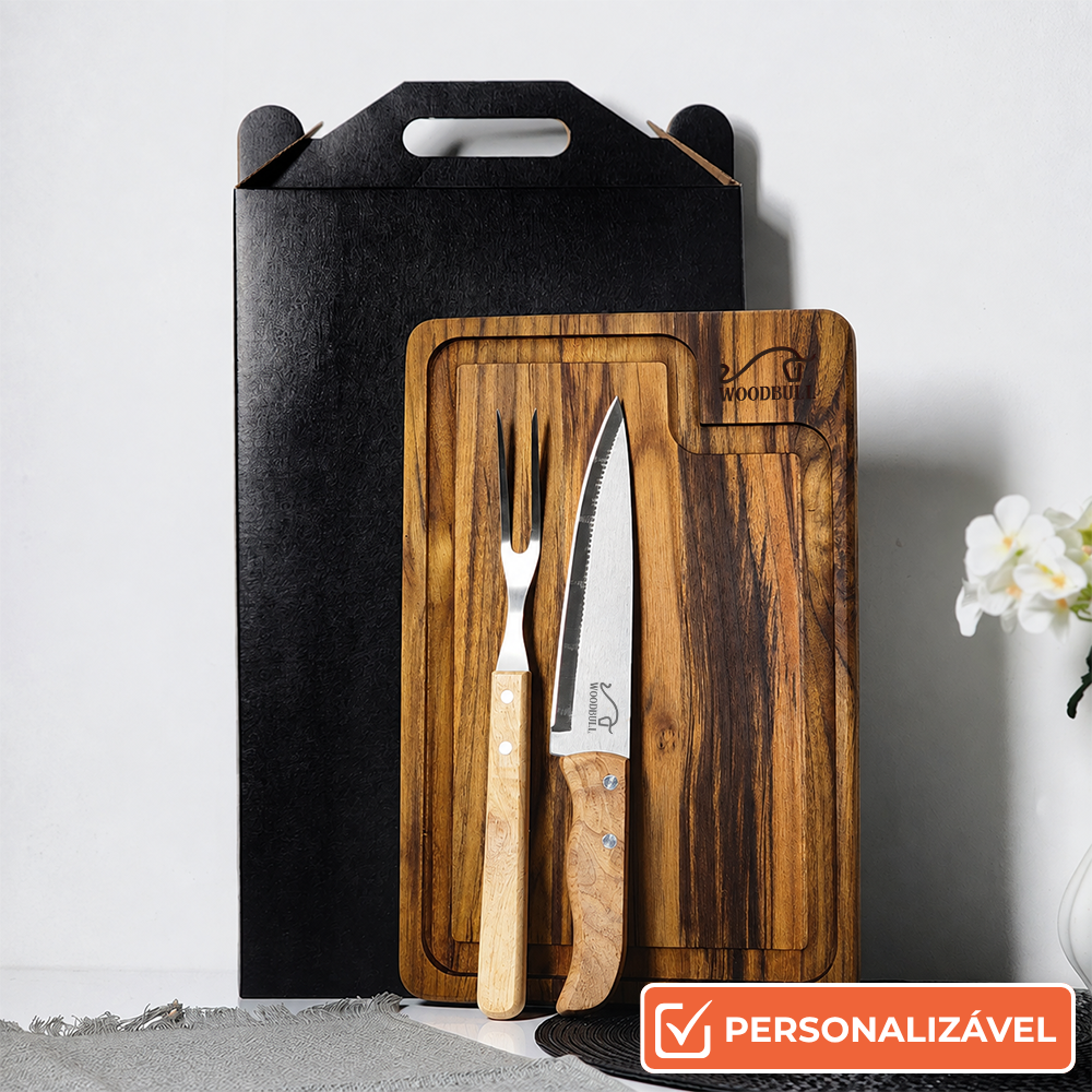 Kit para Churrasco em Madeira Teca com 3 Peças | Presente Gourmet