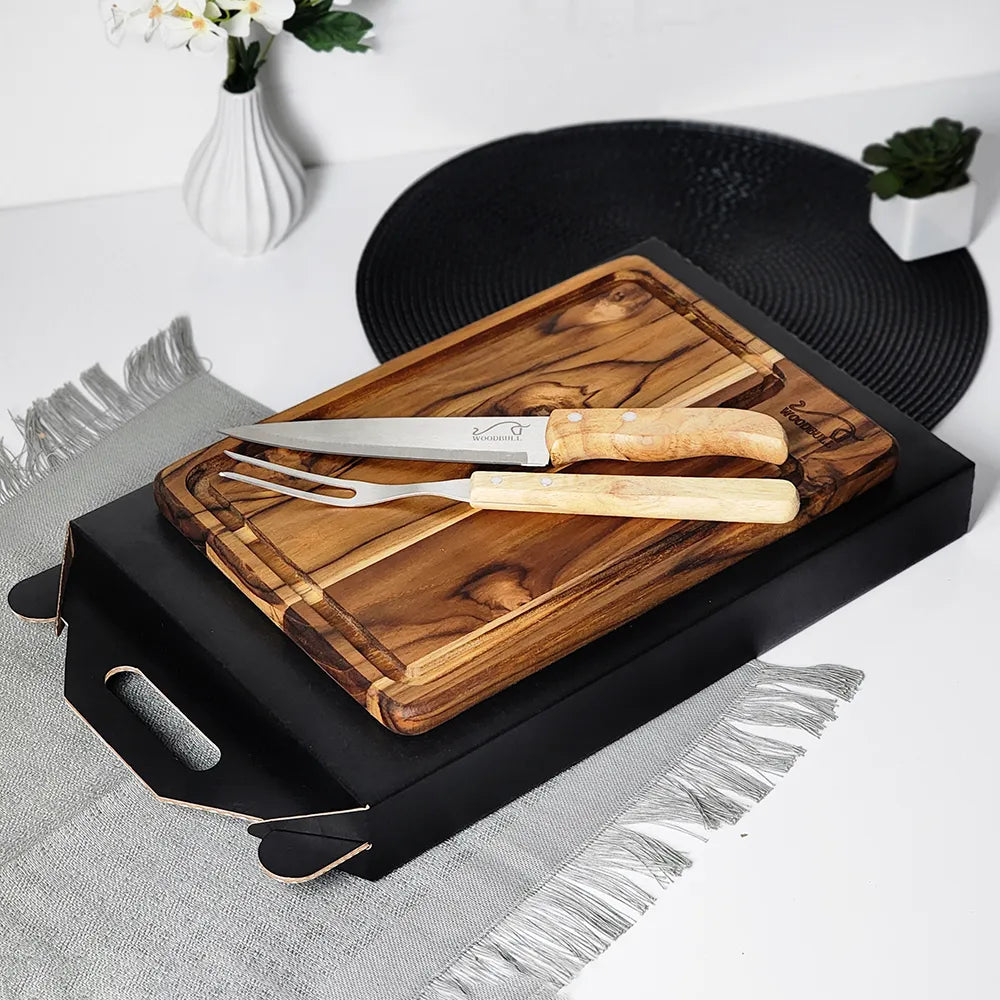 Kit para Churrasco em Madeira Teca com 3 Peças | Presente Gourmet