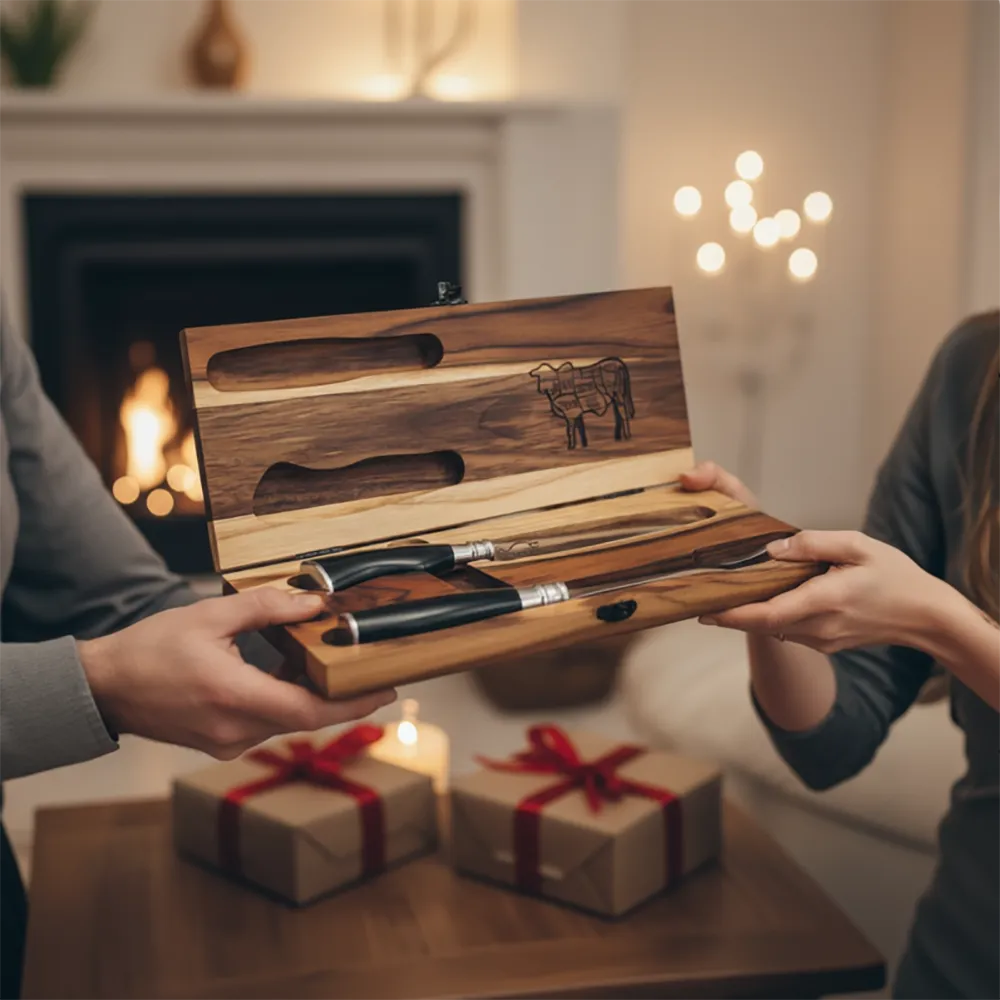 Conjunto Garfo Trinchante e Faca 7" Cabo em Chifre com Estojo em Madeira