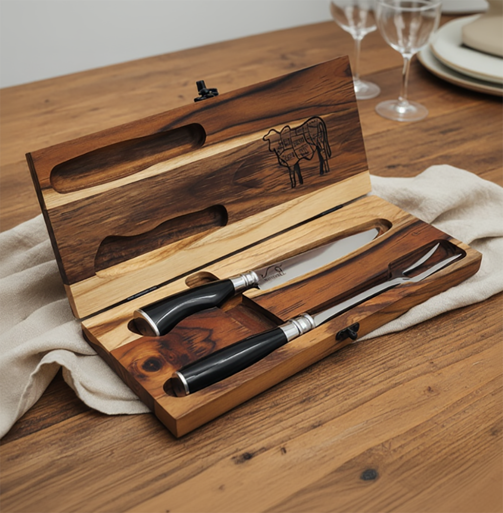 Conjunto Garfo Trinchante e Faca 7" Cabo em Chifre com Estojo em Madeira