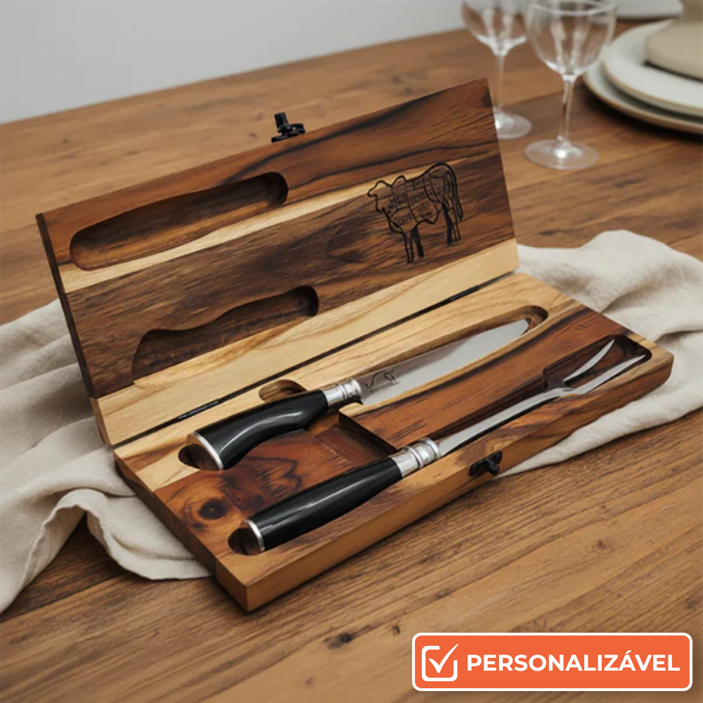Conjunto Garfo Trinchante e Faca 7" Cabo em Chifre com Estojo em Madeira