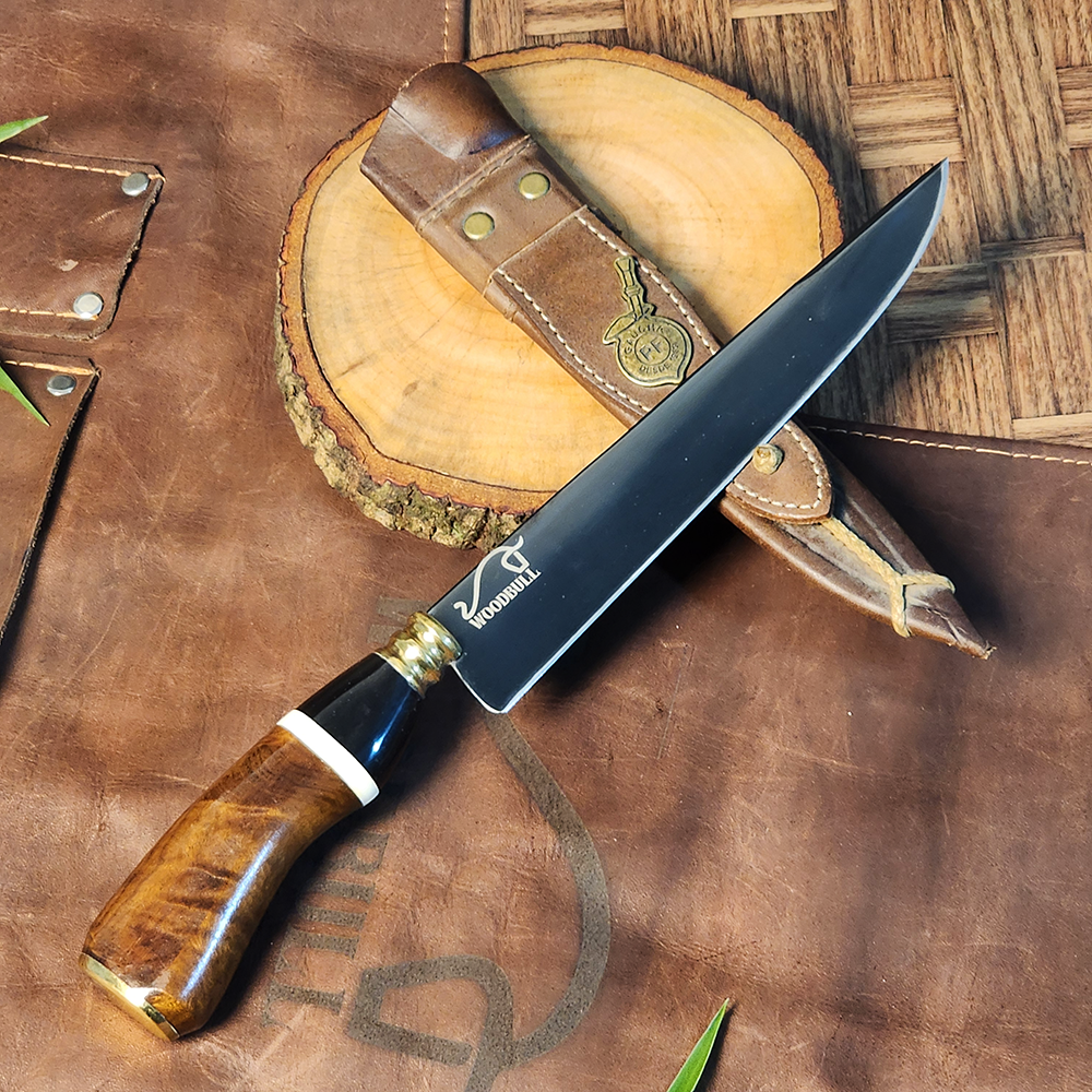 Faca para Churrasco Personalizada Aço Carbono Fosfatizada Artesanal Cabo Madeira Osso Chifre c/ Bainha 8"