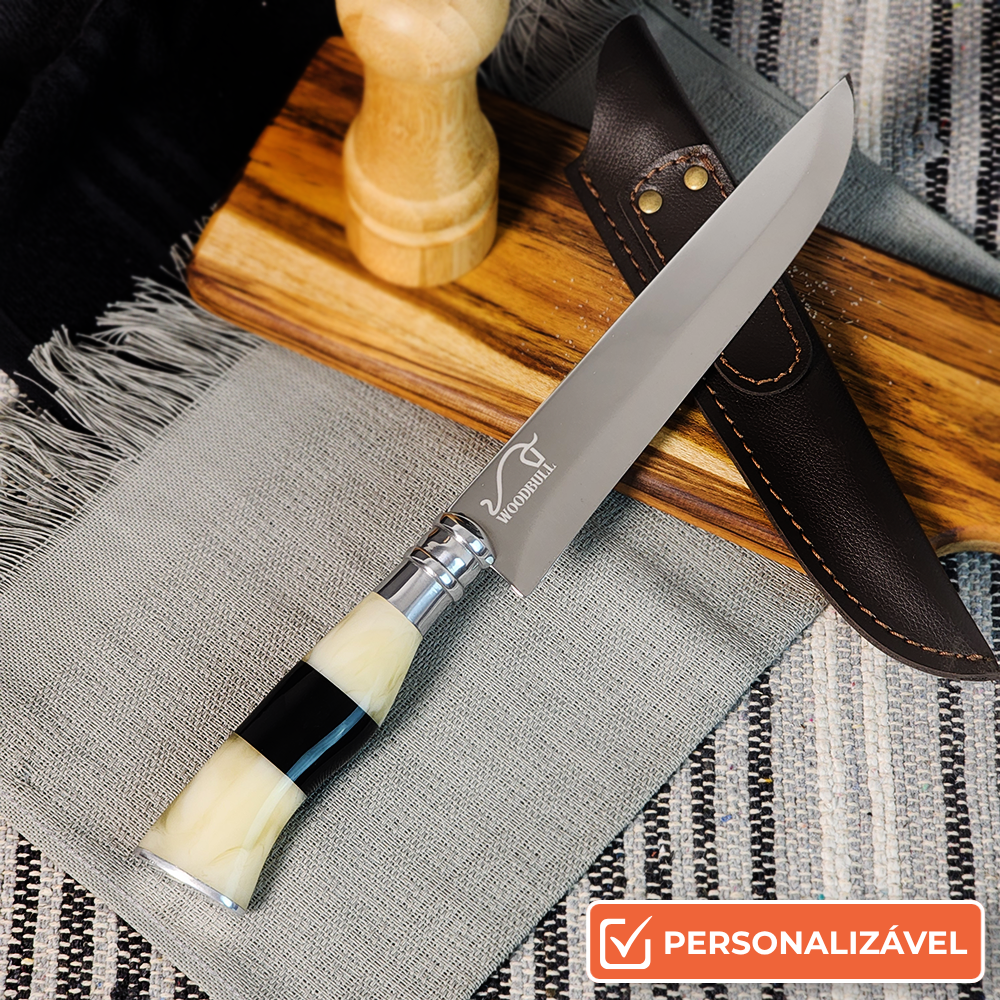 Faca para Churrasco Personalizada Inox Artesanal Cabo Osso Chifre 8" c/ Bainha