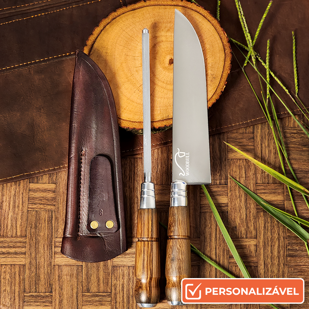 Faca e Chaira para Churrasco Personalizada Inox Artesanal Cabo Madeira 8” c/ Bainha