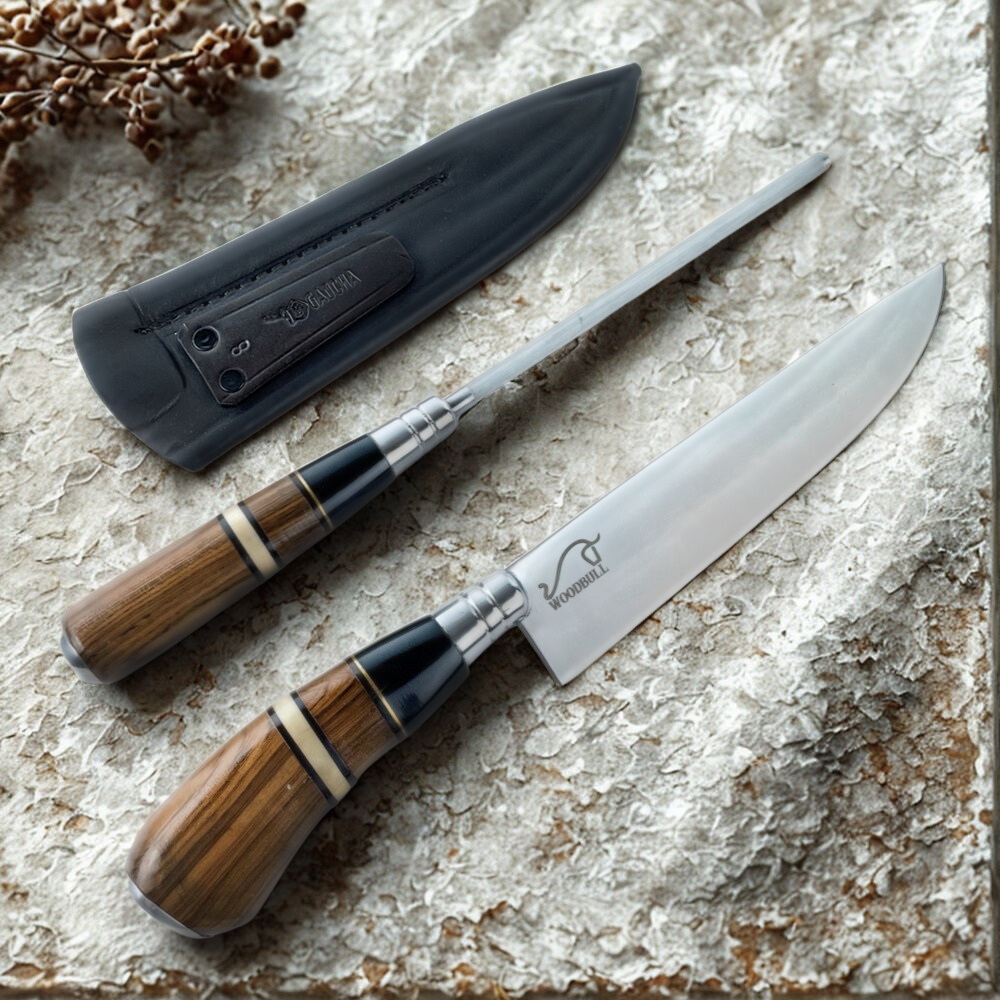 Faca e Chaira para Churrasco Personalizada Noble Wood Inox Artesanal Cabo Madeira Chifre Osso 8'' c/ Bainha