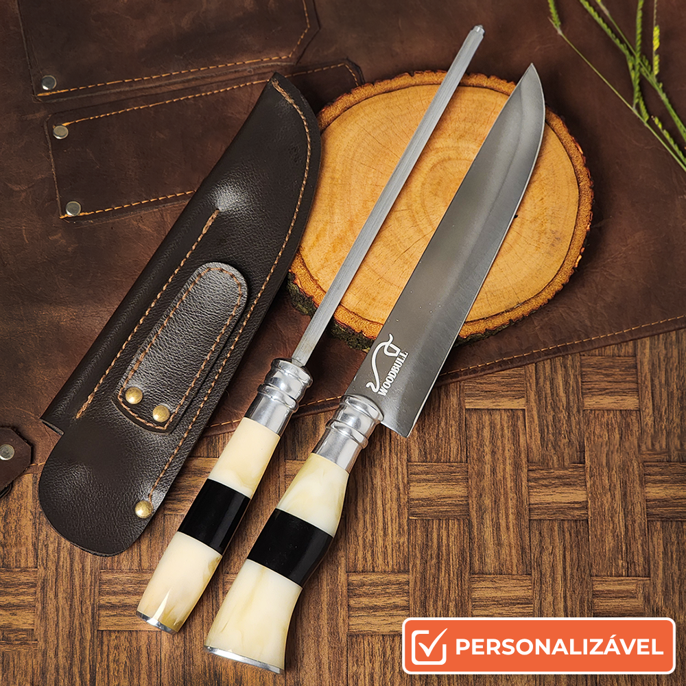Faca e Chaira Para Churrasco Personalizada Inox Osso e Chifre 8" C/ Bainha