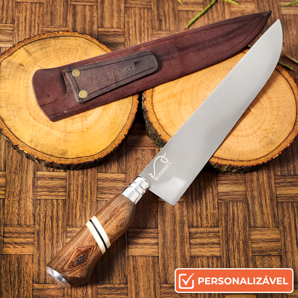 Faca para Churrasco Personalizada Inox Artesanal Cabo Madeira Osso 10" c/ Bainha