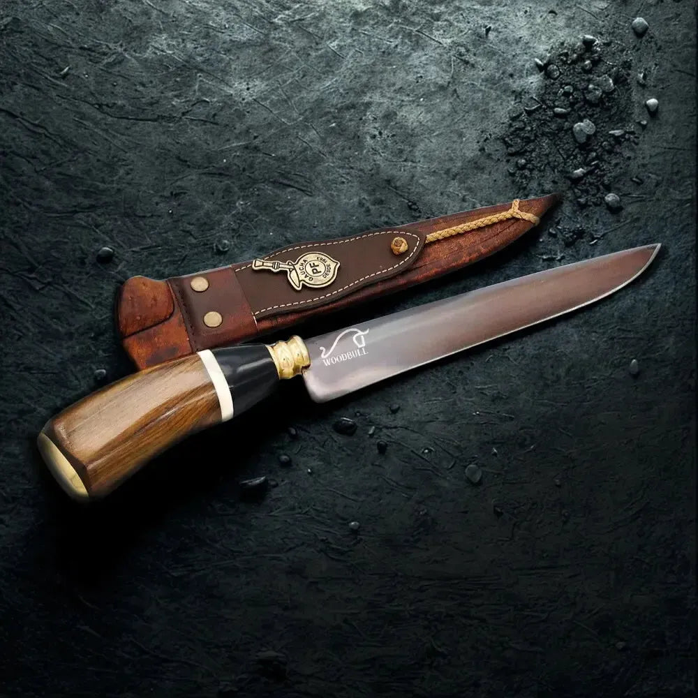 Faca para Churrasco Personalizada Aço Carbono Fosfatizada Artesanal Cabo Madeira Osso Chifre c/ Bainha 8"