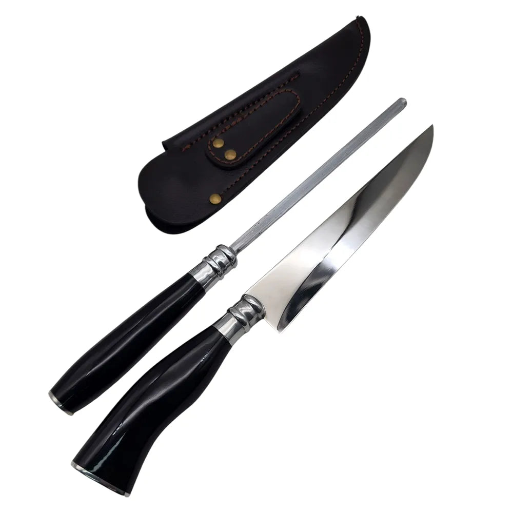 Faca e Chaira para Churrasco Personalizada Inox Artesanal Cabo em Chifre 7'' c/ Bainha