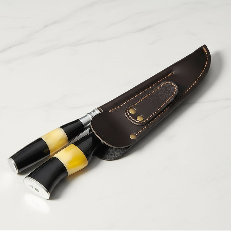 Faca e Chaira Artesanais Personalizadas em Aço Inox 7” com Bainha e Cabo em Chifre e Osso