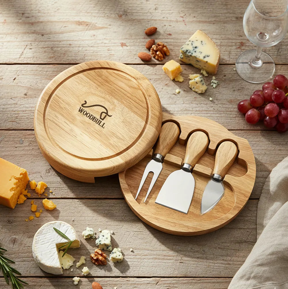 Kit Queijo 3 Peças | Suporte em Madeira e Aço Inox para Degustação