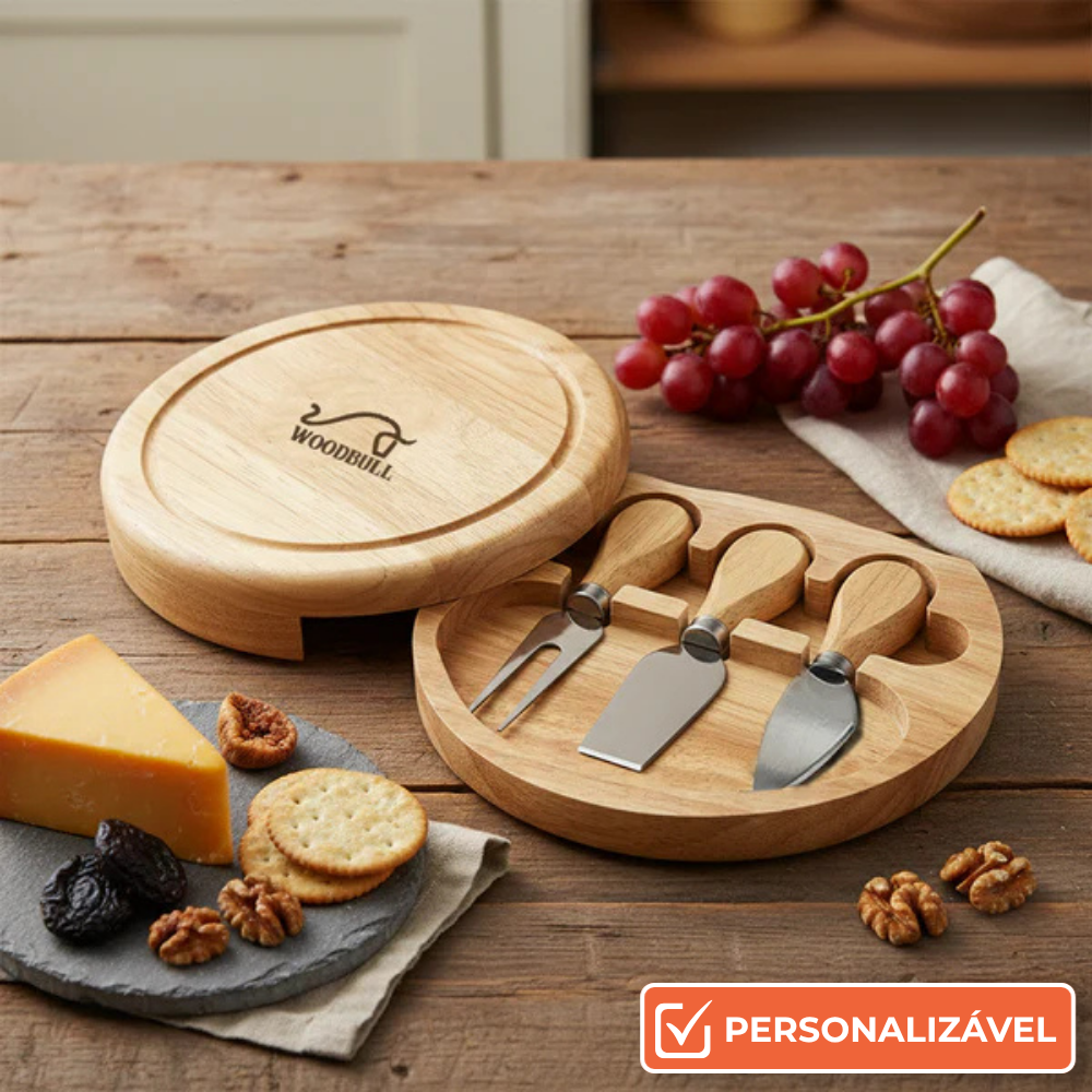 Kit Queijo 3 Peças | Suporte em Madeira e Aço Inox para Degustação