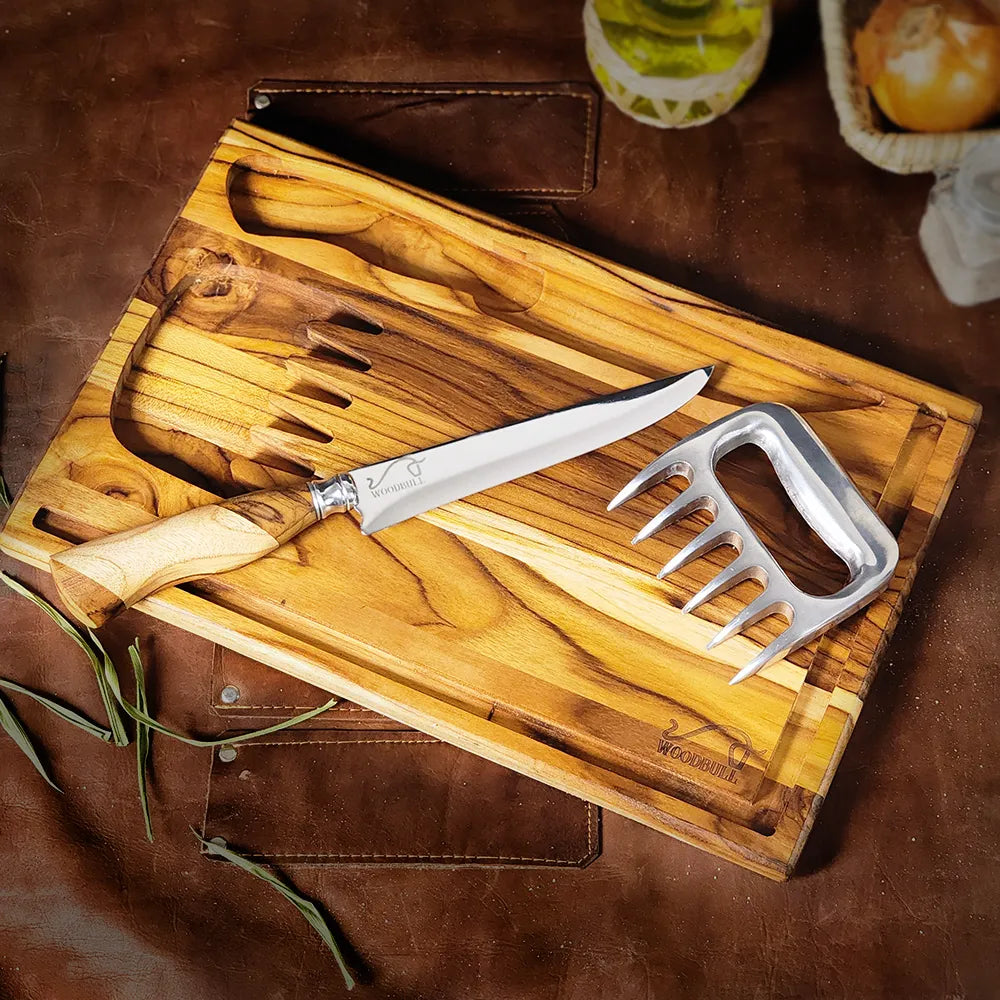 Kit Churrasco Personalizado p Presente Faca Teca 7'' + Garra de Urso e Tábua com Berço