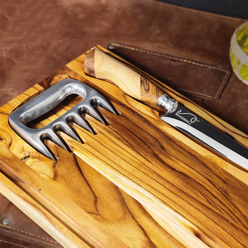Kit Churrasco Personalizado p Presente Faca Teca 7'' + Garra de Urso e Tábua com Berço