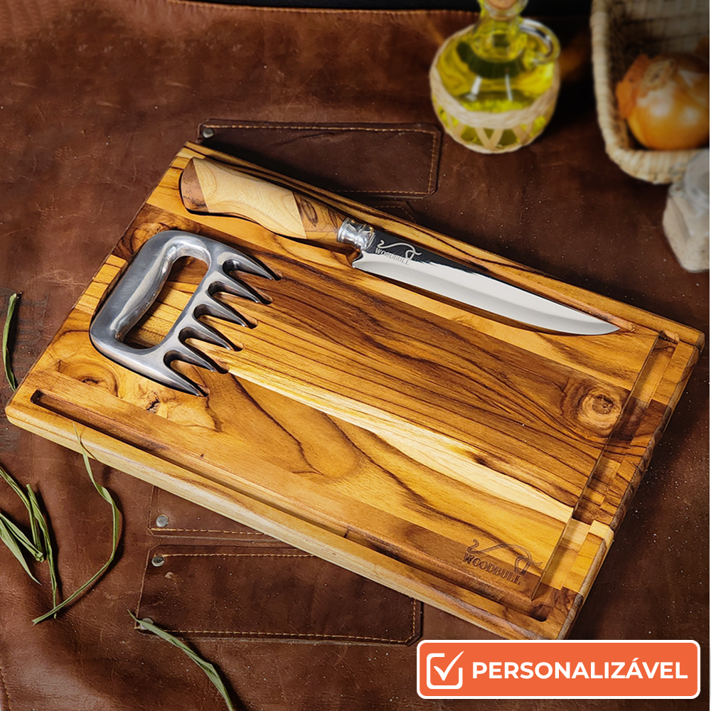 Kit Churrasco Personalizado p Presente Faca Teca 7'' + Garra de Urso e Tábua com Berço