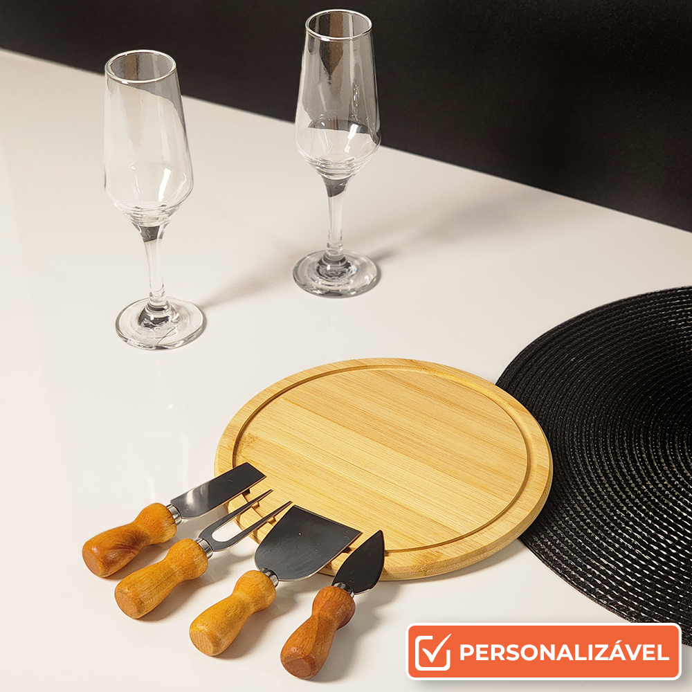 Kit Queijo e Champagne Presente com Espaço para Garrafa | 7 Peças