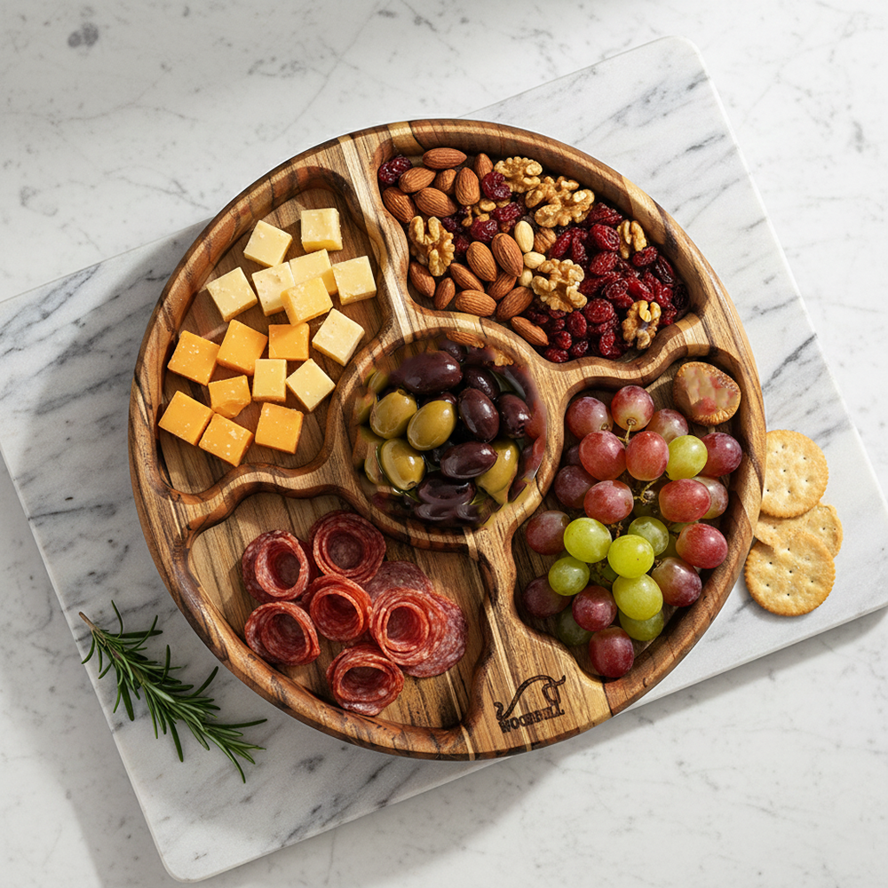 Petisqueira Redonda Madeira Teca 5 Divisórias Frios Churras