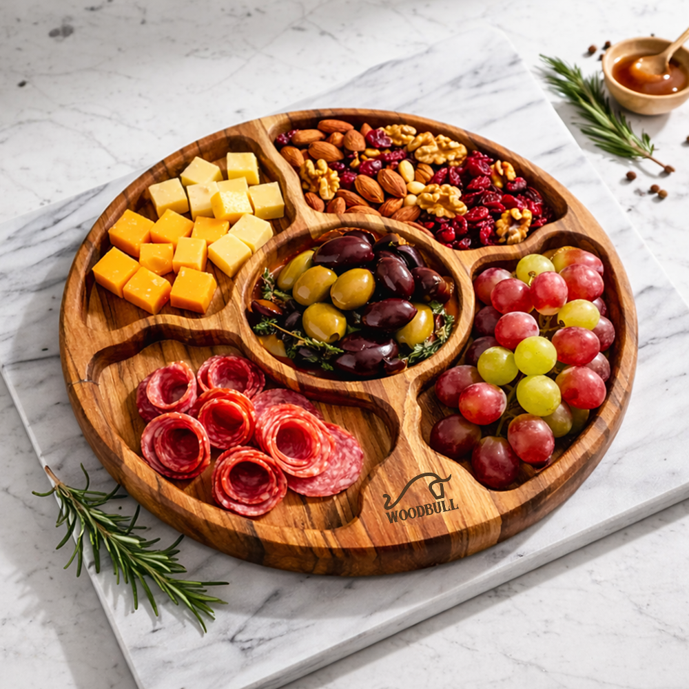 Petisqueira Redonda Madeira Teca 5 Divisórias Frios Churras