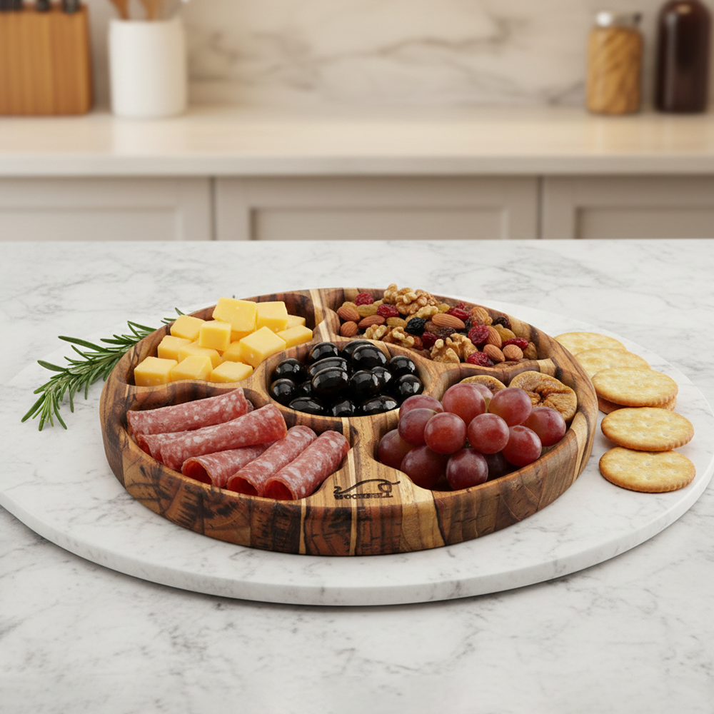 Petisqueira Redonda Madeira Teca 5 Divisórias Frios Churras