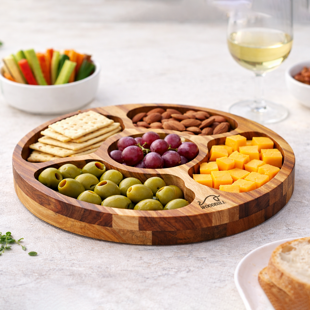 Petisqueira Redonda Madeira Teca 5 Divisórias Frios Churras