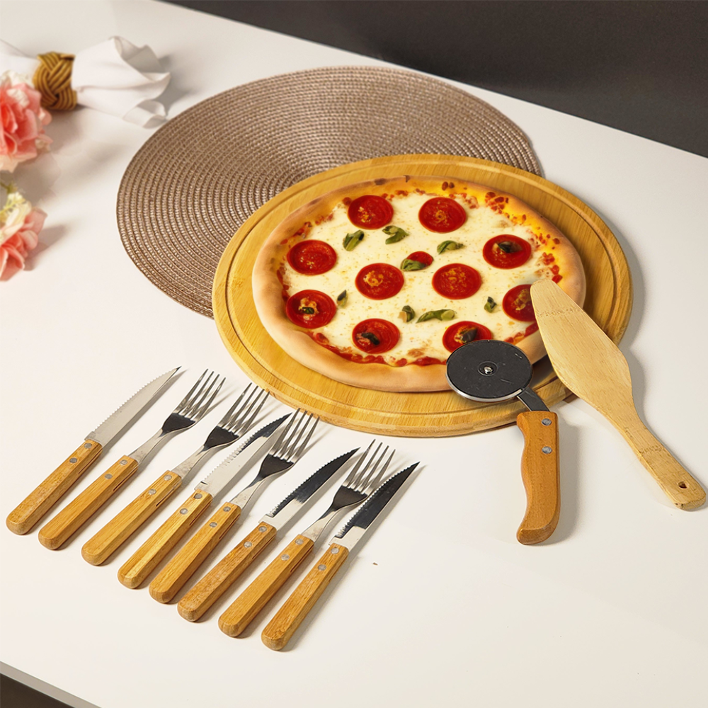 CONJ. PARA PIZZA EM BAMBU 35 CM - 11 PCS
