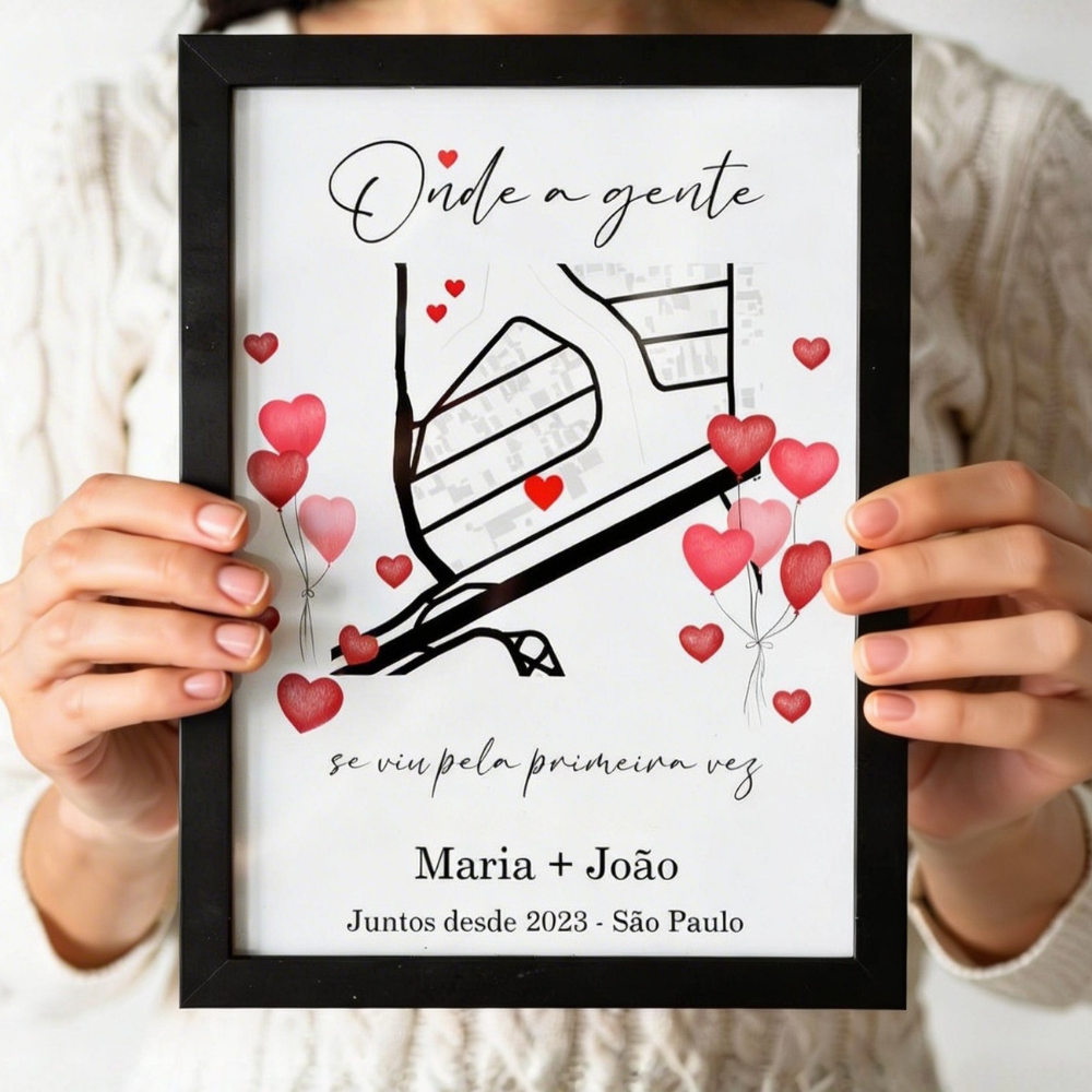 Quadro Mapa Personalizado com Nomes e Local 21x29,7 cm | Com Vidro | Preto, Branco ou Prata (Copy)