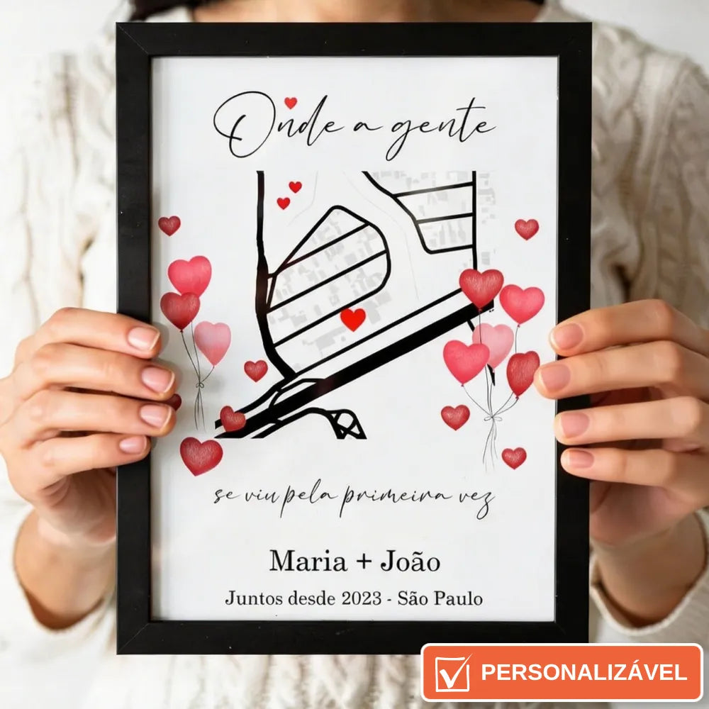 Quadro Mapa Personalizado com Nomes e Local 21x29,7 cm | Com Vidro | Preto, Branco ou Prata
