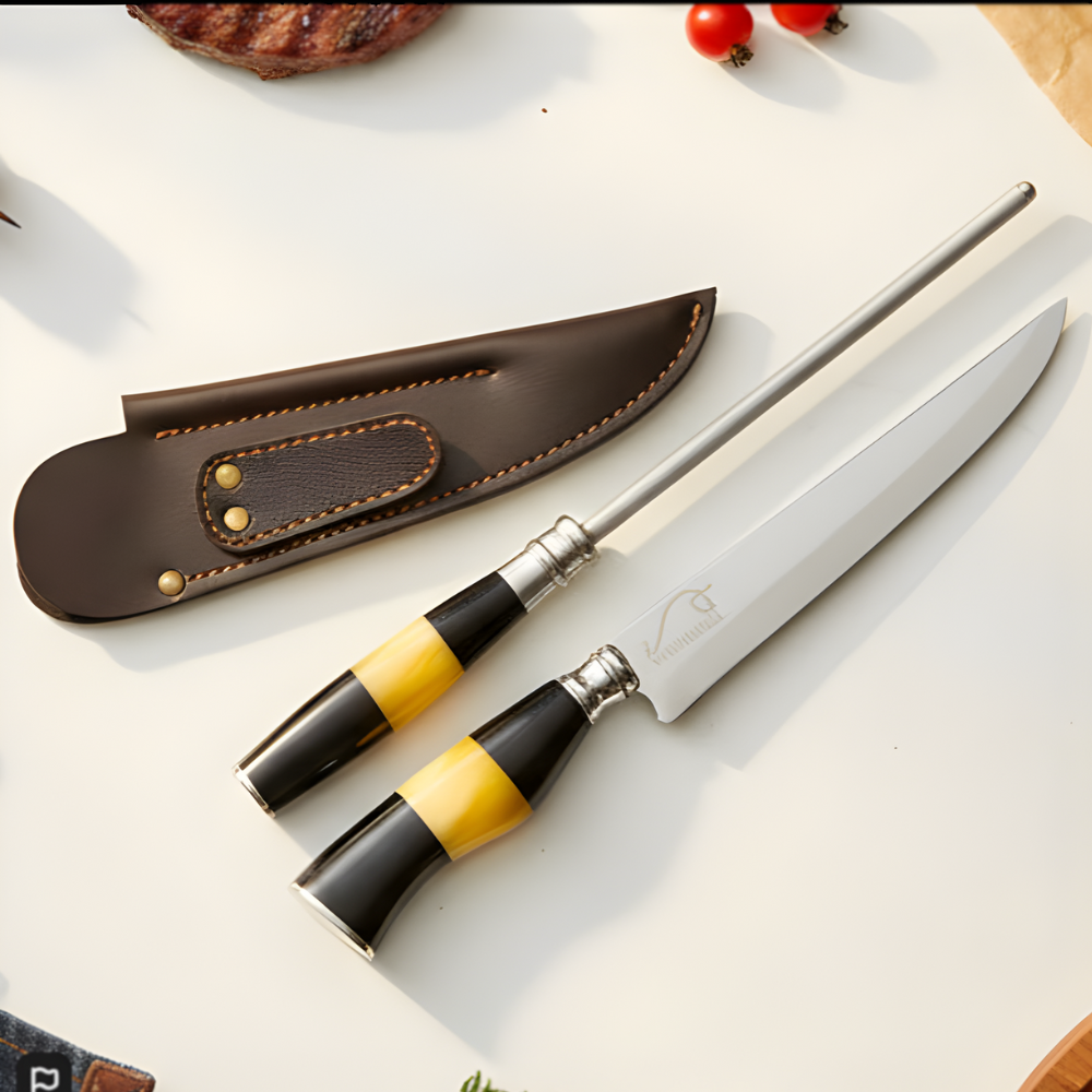 Faca e Chaira Artesanais Personalizadas em Aço Inox 7” com Bainha e Cabo em Chifre e Osso