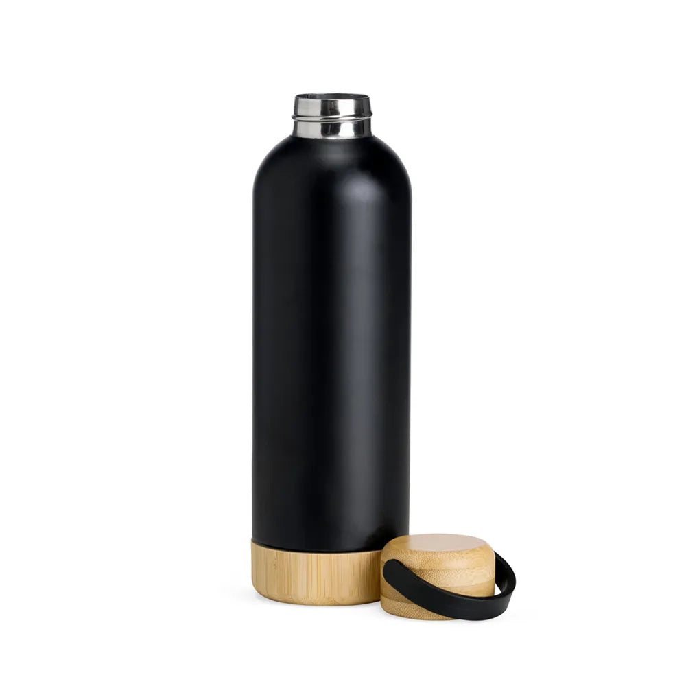 Garrafa Térmica Parede Dupla com Detalhes em Bambu | 500ml Preta