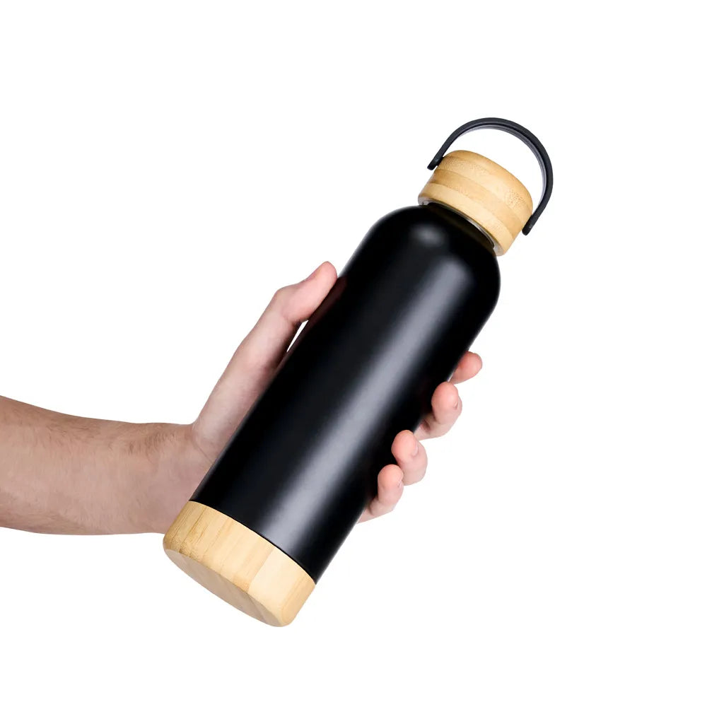 Garrafa Térmica Parede Dupla com Detalhes em Bambu | 500ml Preta