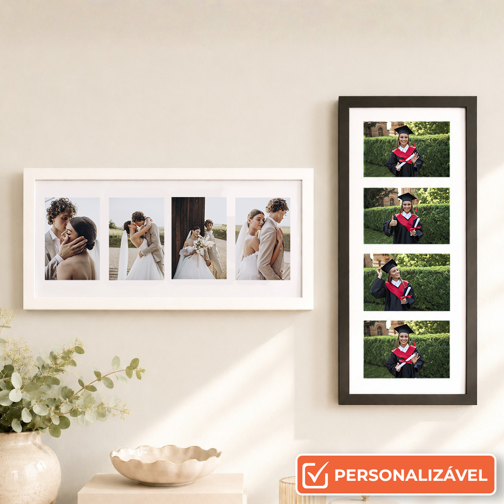 Porta-Retrato Personalizado com 4 Fotos 25x53 cm | 1 Unidade | Horizontal/Vertical | Branco/Preto | Com Paspatur